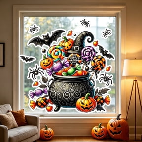 15 Inch Halloween Witch Cauldron Candy Static Window Sticker, Removable Glass Decal for Home Holiday Party Decor