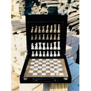 15-Inch Handcrafted Marble Chess Set with Black Faux Leather Box Gray and White