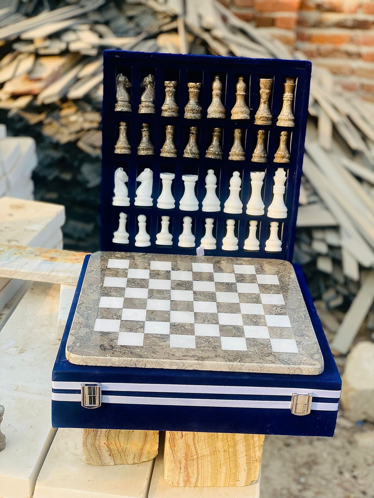 15-Inch Handcrafted Marble Chess Set with Blue Velvet Gift Box (Gray ...
