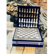 15-Inch Handcrafted Marble Chess Set with Blue Velvet Gift Box Gray and White