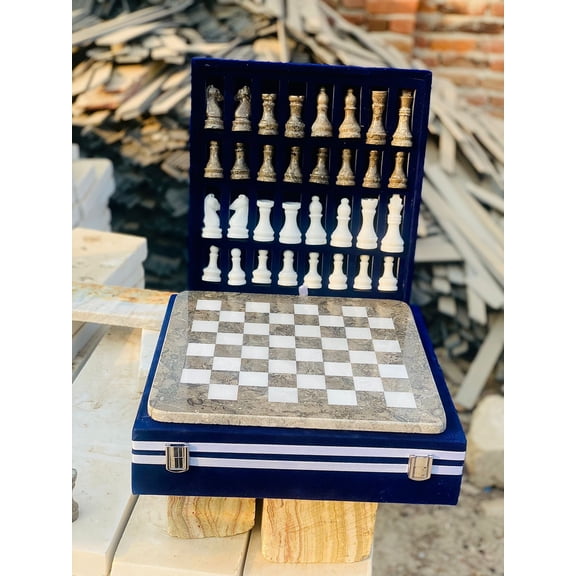 15-Inch Handcrafted Marble Chess Set with Blue Velvet Gift Box (Gray and White)