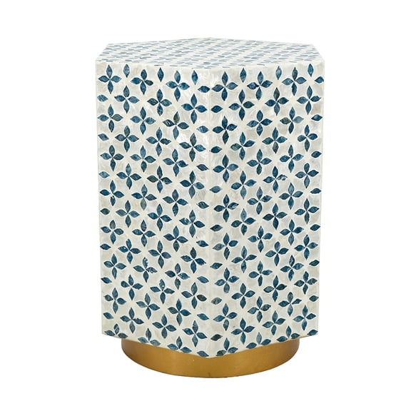 15 Inch Hexagonal Capiz Shell Accent Side Table Blue Geometric Inlay Cream White MDF Warm Gold Base Versatile End Table Nightstand Stool Indoor Only