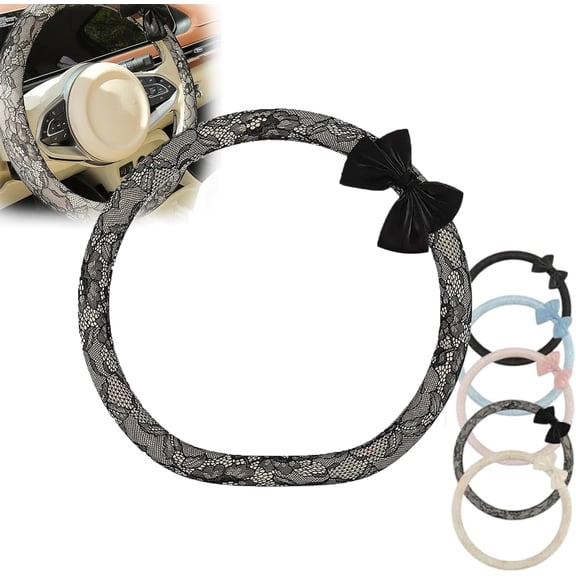 15 Inch Lace Steering Wheel Cover with Black Bow-Knot, Elegant Soft Protective Car Interior Accessory for Women, Non-Slip Universal Fit Auto Wheel Wrap, Stylish Comfort Cover (Clear Black-D Shape)
