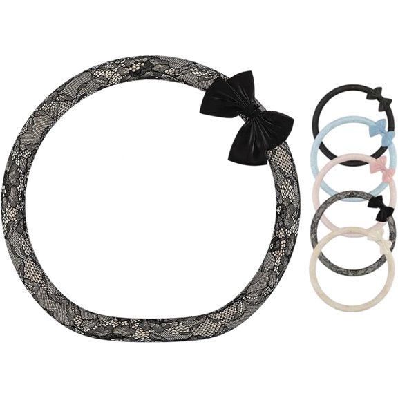 15 Inch Lace Steering Wheel Cover, Elegant Black Bow-Knot Car Steering Wheel Cover for Women, Non-Slip Universal Fit Soft Protective Interior Car Accessory (D-Shape Clear)