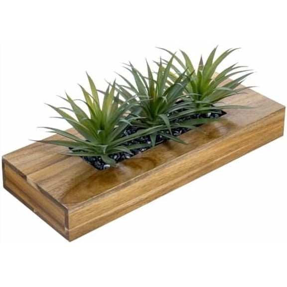15 Inch Large Artificial Green Grass Plants in Premium Acacia Solid Wood Decorative Planter, Tabletop Faux Greenery Decor with Wooden Rectangular Container