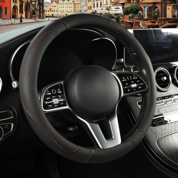 15 Inch Leather Steering Wheel Cover, Breathable, Anti Slip Odor Free, Black