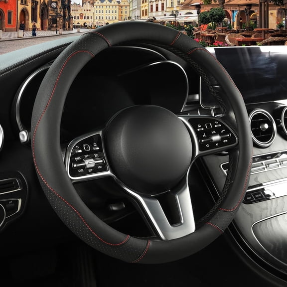 15 Inch Leather Steering Wheel Cover, Breathable, Anti Slip Odor Free, Black