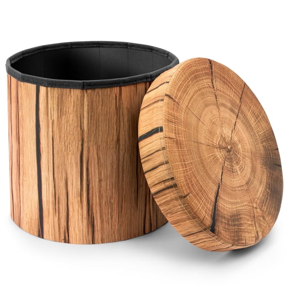 15 Inch Light Gray Artificial Tree Stump Storage Ottoman Stool, Rustic Log Style Pedestal Footrest & Kids Toy Chest Bench for Cabin Home Decor
