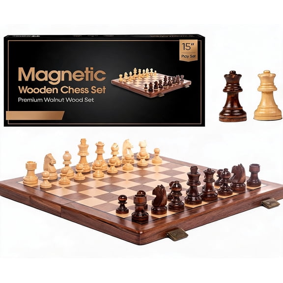 15 Inch Magnetic Wooden Chess Set with Portable Wood Case and Secure Piece Storage