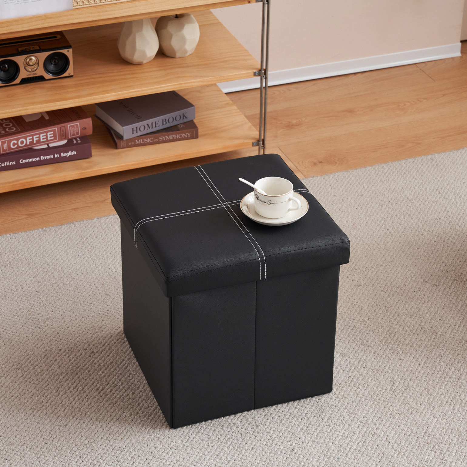 15Inch Modern Lines PVC Folding Storage Footstool, Soft Padded Ottoman, Comfy Footrest Bench