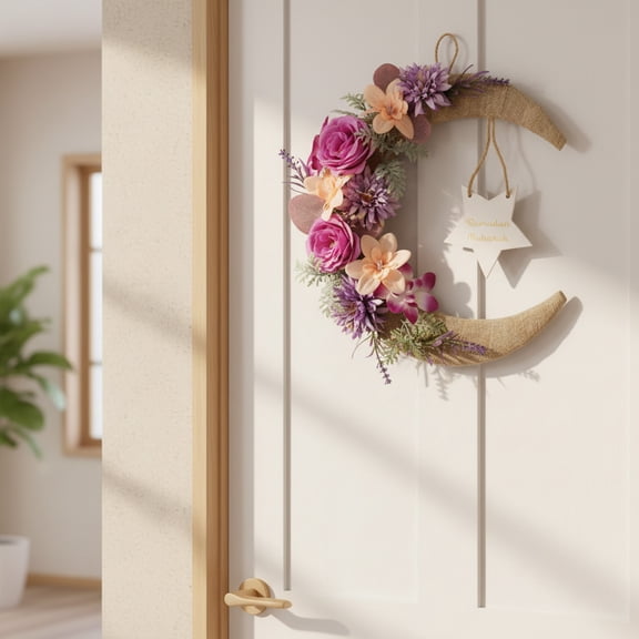 15 Inch Moon Shaped Artificial Flower Wreath 3D Crescent Hanging Garland with Silk Flowers and Ferns for Front Door and Festival Wall Decor