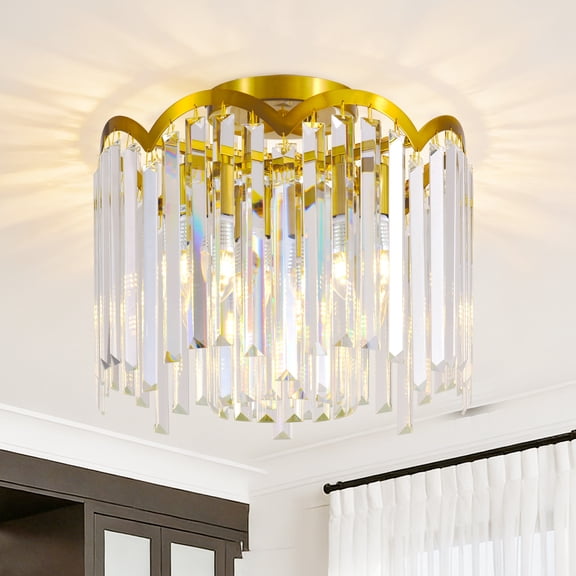 15 Inch Natural Copper Gold Finish K9 Crystal Flush Mount Ceiling Light, 5-Light Modern Luxury Crystal Chandelier Ceiling Fixture, E12 Base for Kitchen Island, Dining Room, Bedroom, Hallway Entryway