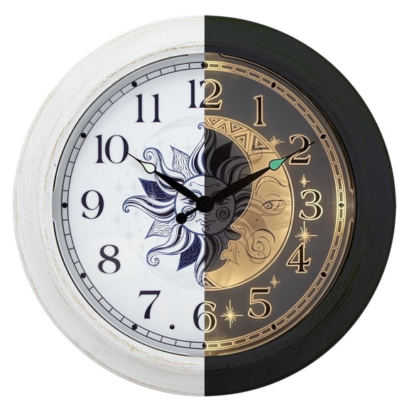 15 Inch Metal Night Clock, Sun and Moon Design Outdoor Clock Glow in The Dark, Night Light Wall Clock for Living Room Kitchen Garden Pool Patio, Easy to Read Large Digital Display