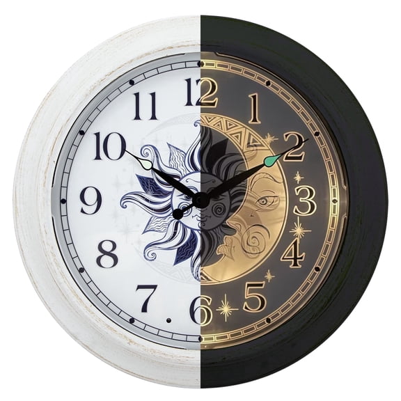 15 Inch Metal Night Clock, Sun and Moon Design Outdoor Clock Glow in The Dark, Night Light Wall Clock for Living Room Kitchen Garden Pool Patio, Easy to Read Large Digital Display