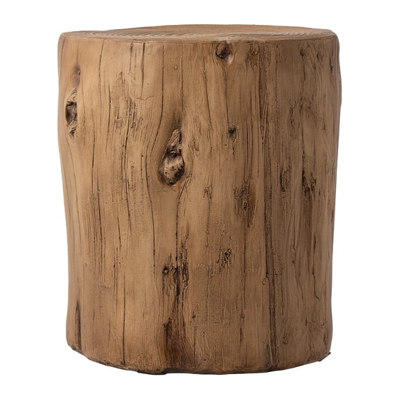 15 Inch Outdoor Side Table with Light Brown Tree Stump Design, Concrete Finish, and Weather Resistant Faux Slate Top for Garden, Patio, or Living Room Accent