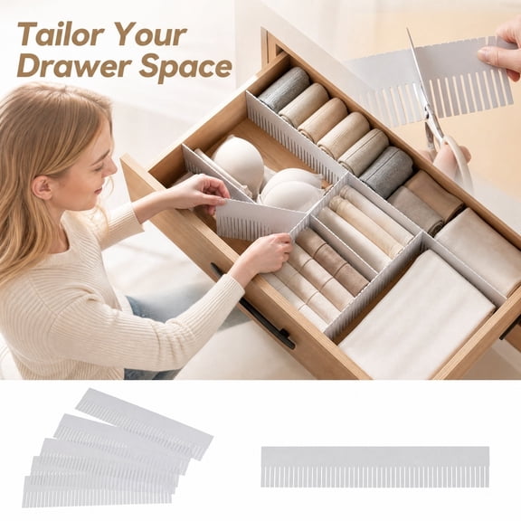 15 Inch Plastic Adjustable Drawer Dividers, 5 Pack Cut to Fit Drawer Organizer for Office, Kitchen, Bedroom, Gray Drawer Separators for Custom Drawer Storage Organization