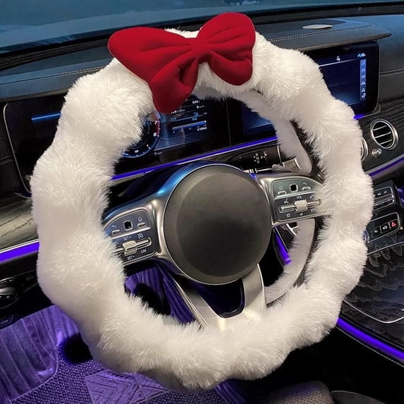 15 Inch Plush Bow Steering Wheel Cover for Women, Soft Fluffy Faux Fur Car Steering Wheel Protector, Non-Slip Interior Grip, Cute Pink Car Accessories for Girls, Birthday Gift