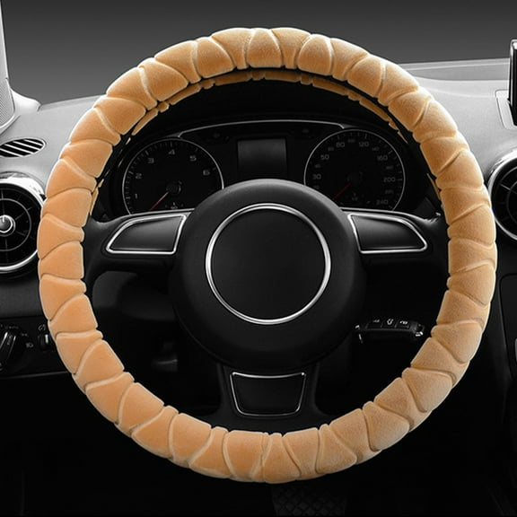 15 Inch Plush Steering Wheel Cover - Universal Non Slip Winter Car Accessory | Thermal Velvet Wrap for Cold Weather Driving (Beige)