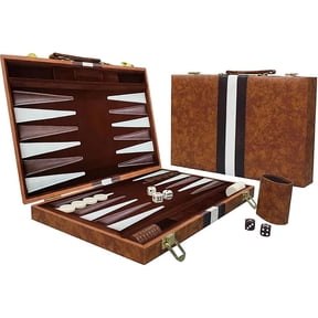 15-Inch Portable Backgammon Set with Folding Board and Leather Travel Case