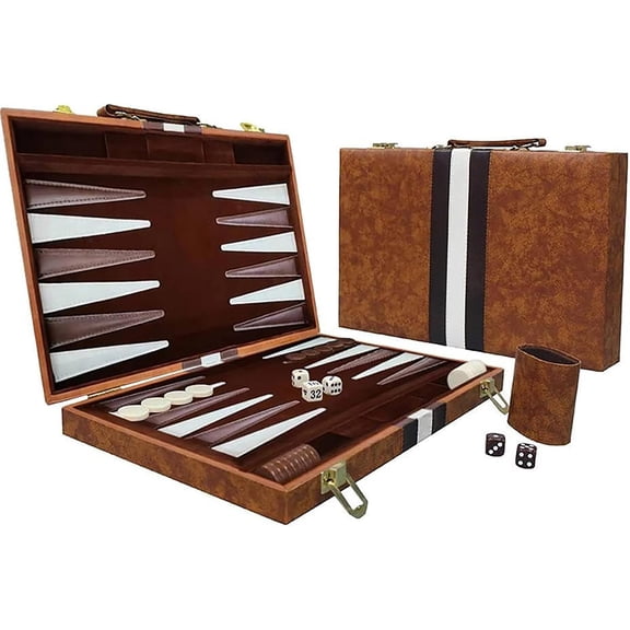 15-Inch Portable Backgammon Set with Folding Board and Leather Travel Case