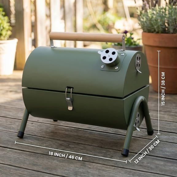 15-Inch Portable Barrel Charcoal Grill, Foldable Outdoor Grill with Lid for Camping & Backyard