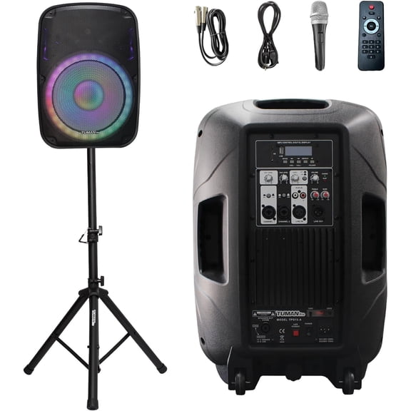 15 Inch Portable PA Speaker System with Stand, 180W High Powered DJ Amplified Loudspeaker, Bluetooth/USB/SD/FM Radio, LED Party Lights, Includes Mic & Remote for Church, Band, Party
