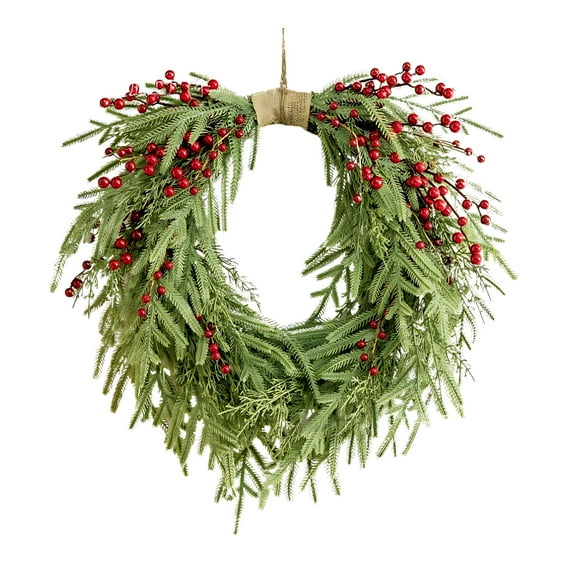 15-Inch Real Touch Norfolk Pine Christmas Wreath with Red Berries and Jute Bow - Lifelike Soft Pine for Indoor & Outdoor Holiday Decor