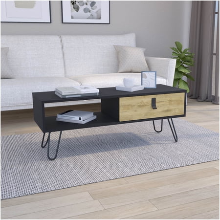 15 Inch Rectangular Coffee Table with Drawer and Book Divider, Modern Two-Tone Black and Macadamia Finish, Vintage Metal Hairpin Legs, Pine Wood and Particle Board Construction