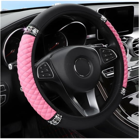 15 Inch Rhinestone Steering Wheel Cover for Women, Sparkly Crystal Diamond Bling Soft Leather Elastic Protector, Universal Fit Car Interior Accessories