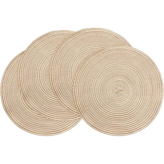 15 Inch Round Braided Placemats Set of 4, Washable Heat Resistant Cotton Polyester Circle Place Mats for Kitchen Dining Table - Dunes Khaki Inch Round Braided Placemats Set Washable Heat Resistan
