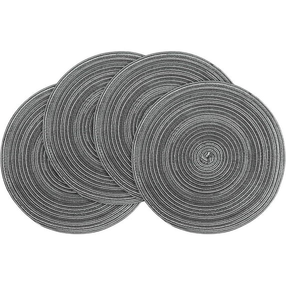 15 Inch Round Braided Placemats Set of 4, Washable Heat Resistant Cotton Polyester Circle Place Mats for Kitchen Dining Table - Black