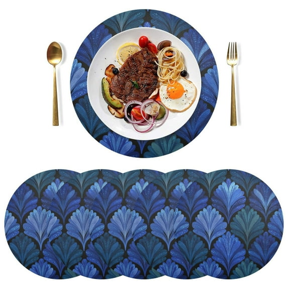 15 Inch Round Grid Plate Mats Heat Non-Slip Resistant PVC Placemats for Kitchen Dining Table Decor Blue Batik Leaves Pattern 1PCS