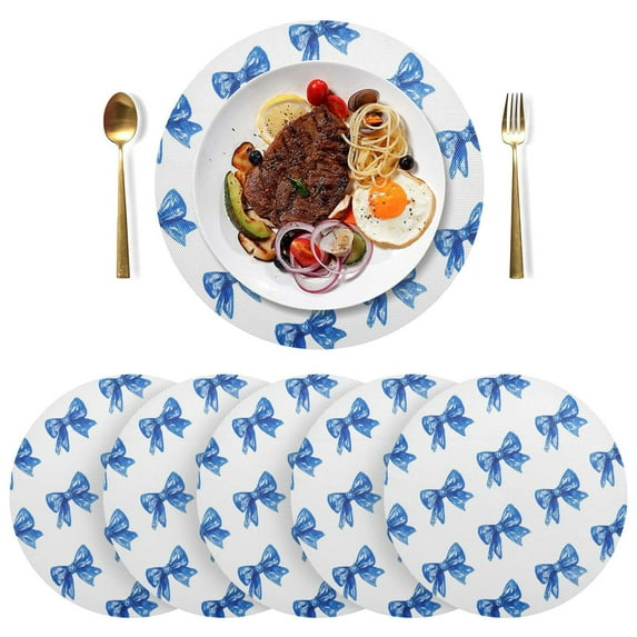 15 Inch Round Grid Plate Mats Heat Non-Slip Resistant PVC Placemats for Kitchen Dining Table Decor Blue Bows Pattern 6PCS