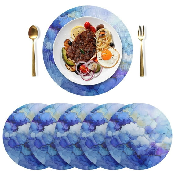15 Inch Round Grid Plate Mats Heat Non-Slip Resistant PVC Placemats for Kitchen Dining Table Decor Blue Ink Clouds 6PCS