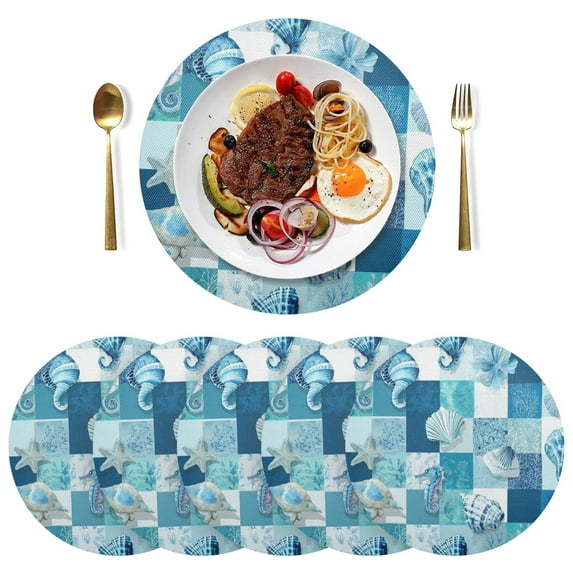 15 Inch Round Grid Plate Mats Heat Non-Slip Resistant PVC Placemats for Kitchen Dining Table Decor Blue Marine Life Patterns 1PCS