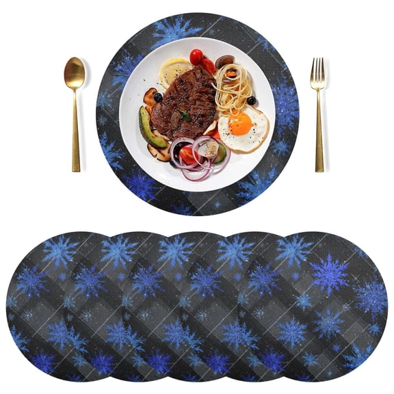 15 Inch Round Grid Plate Mats Heat Non-Slip Resistant PVC Placemats for Kitchen Dining Table Decor Blue Snowflake Pattern 4PCS