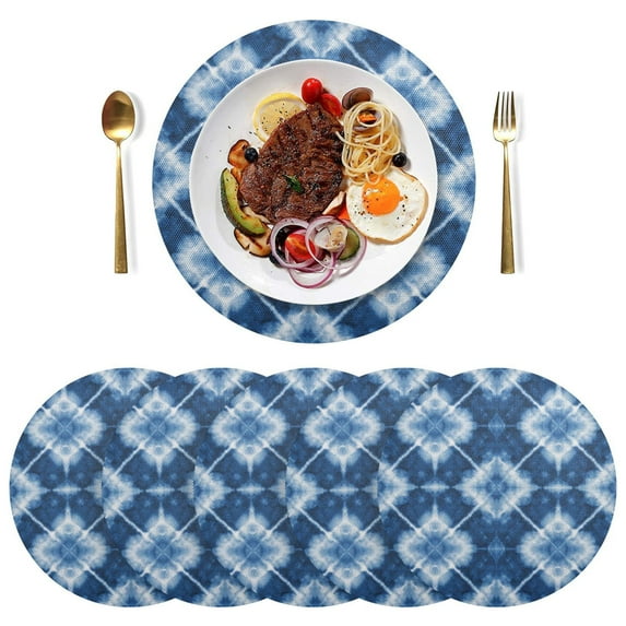 15 Inch Round Grid Plate Mats Heat Non-Slip Resistant PVC Placemats for Kitchen Dining Table Decor Blue and White Tie-dye 4PCS