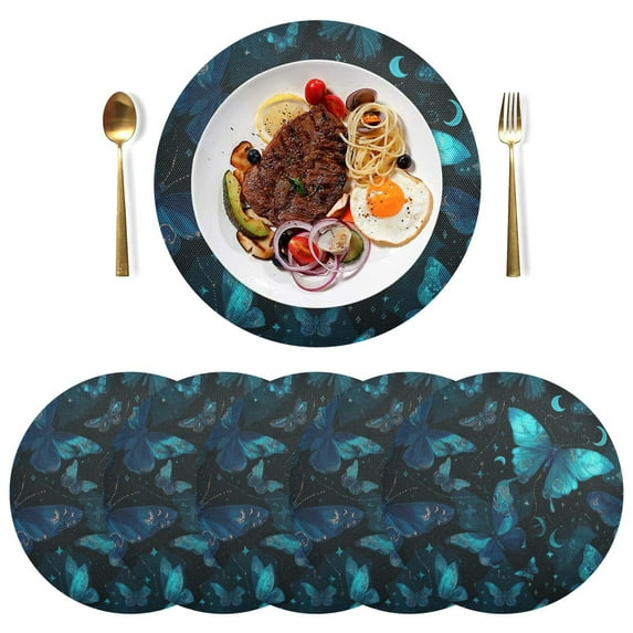15 Inch Round Grid Plate Mats Heat Non-Slip Resistant PVC Placemats for Kitchen Dining Table Decor Blue-green Butterfly Pattern 4PCS