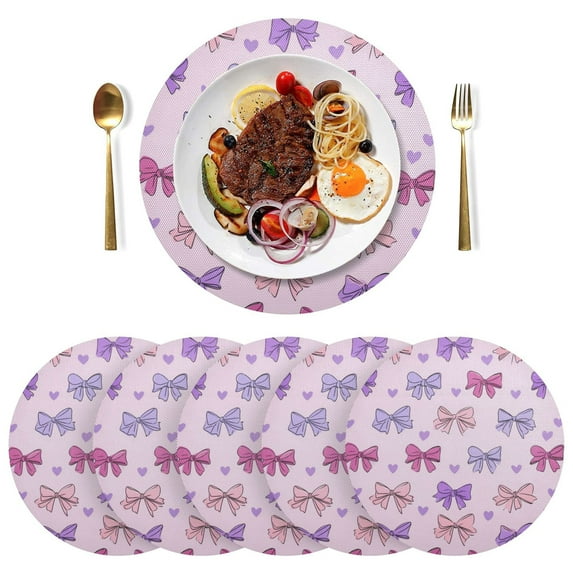 15 Inch Round Grid Plate Mats Heat Non-Slip Resistant PVC Placemats for Kitchen Dining Table Decor Bows and Heart Pattern 4PCS