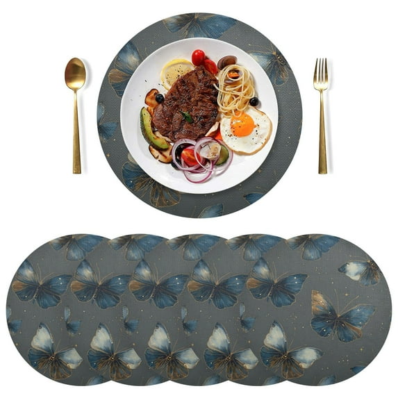 15 Inch Round Grid Plate Mats Heat Non-Slip Resistant PVC Placemats for Kitchen Dining Table Decor Brown-blue Butterfly Pattern 6PCS