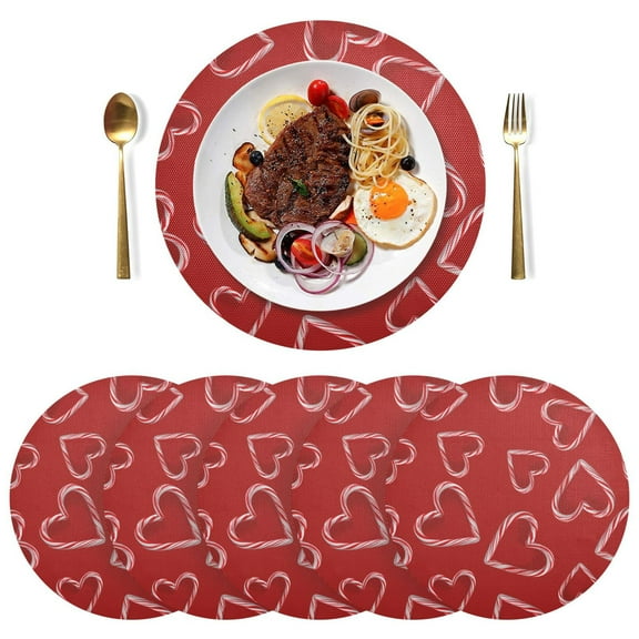 15 Inch Round Grid Plate Mats Heat Non-Slip Resistant PVC Placemats for Kitchen Dining Table Decor Candy Cane-shaped Hearts Pattern 1PCS