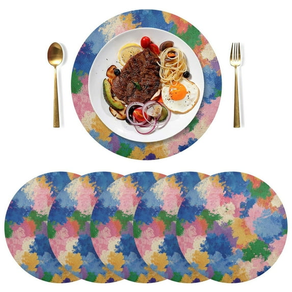 15 Inch Round Grid Plate Mats Heat Non-Slip Resistant PVC Placemats for Kitchen Dining Table Decor Colorful Splashes and Brushstrokes 1PCS