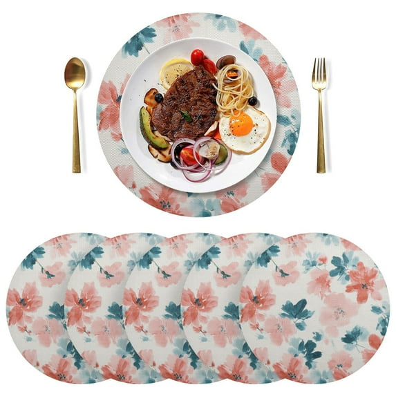 15 Inch Round Grid Plate Mats Heat Non-Slip Resistant PVC Placemats for Kitchen Dining Table Decor Coral and Teal Floral Pattern 6PCS