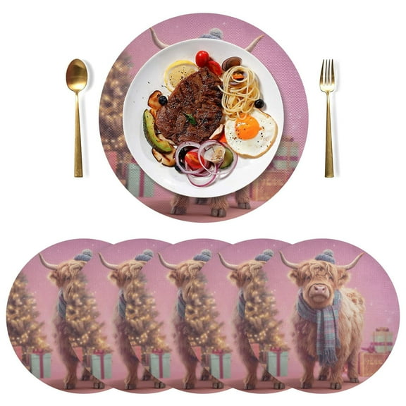 15 Inch Round Grid Plate Mats Heat Non-Slip Resistant PVC Placemats for Kitchen Dining Table Decor Cow Wearing Christmas 1PCS
