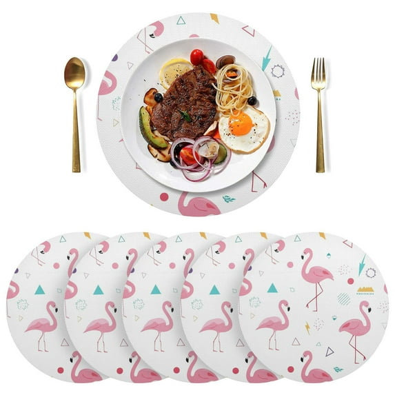 15 Inch Round Grid Plate Mats Heat Non-Slip Resistant PVC Placemats for Kitchen Dining Table Decor Cute Flamingo Pattern 6PCS