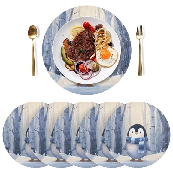 15 Inch Round Grid Plate Mats Heat Non-Slip Resistant PVC Placemats for Kitchen Dining Table Decor Cute Penguin in Winter 1PCS
