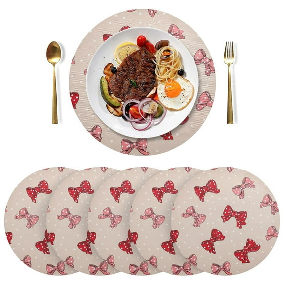 15 Inch Round Grid Plate Mats Heat Non-Slip Resistant PVC Placemats for Kitchen Dining Table Decor Cute Red Bows Pattern 1PCS