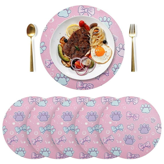 15 Inch Round Grid Plate Mats Heat Non-Slip Resistant PVC Placemats for Kitchen Dining Table Decor Dog Paw Prints and Bows 4PCS