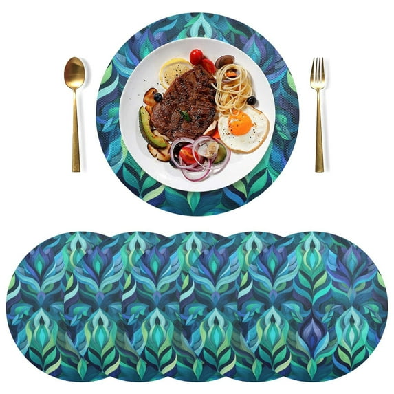 15 Inch Round Grid Plate Mats Heat Non-Slip Resistant PVC Placemats for Kitchen Dining Table Decor Elegant Blue Abstract Shapes 1PCS