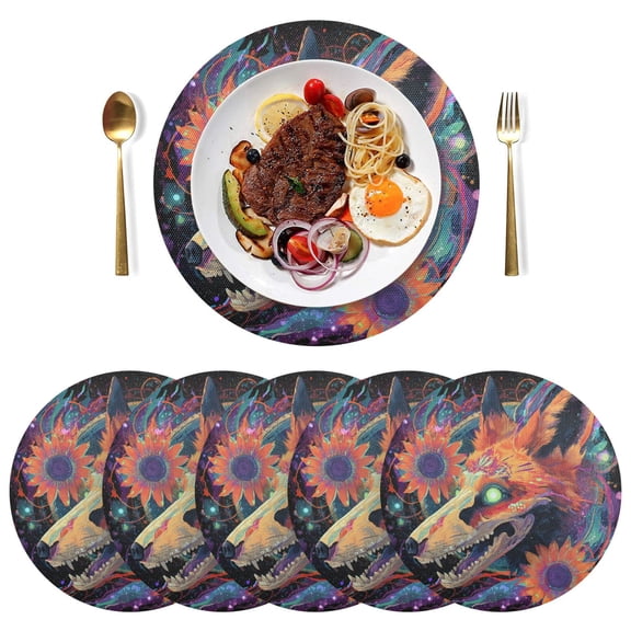 15 Inch Round Grid Plate Mats Heat Non-Slip Resistant PVC Placemats for Kitchen Dining Table Decor Fox Skull 1PCS